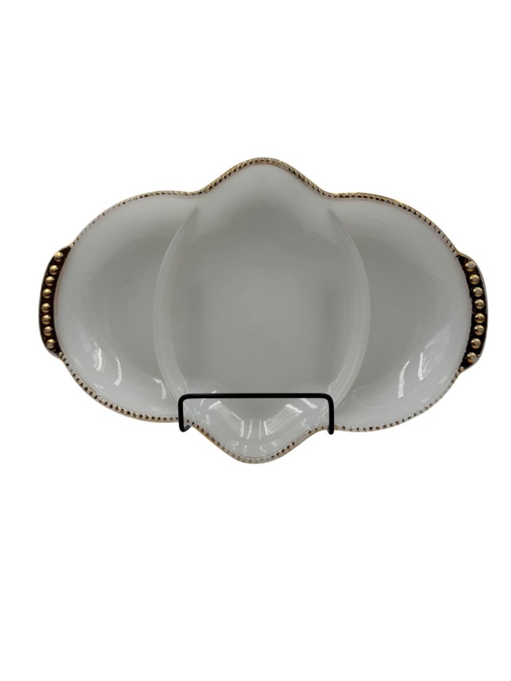 Vintage Fire King Milk Glass Divided Serving Dish With Gold Beaded Rim